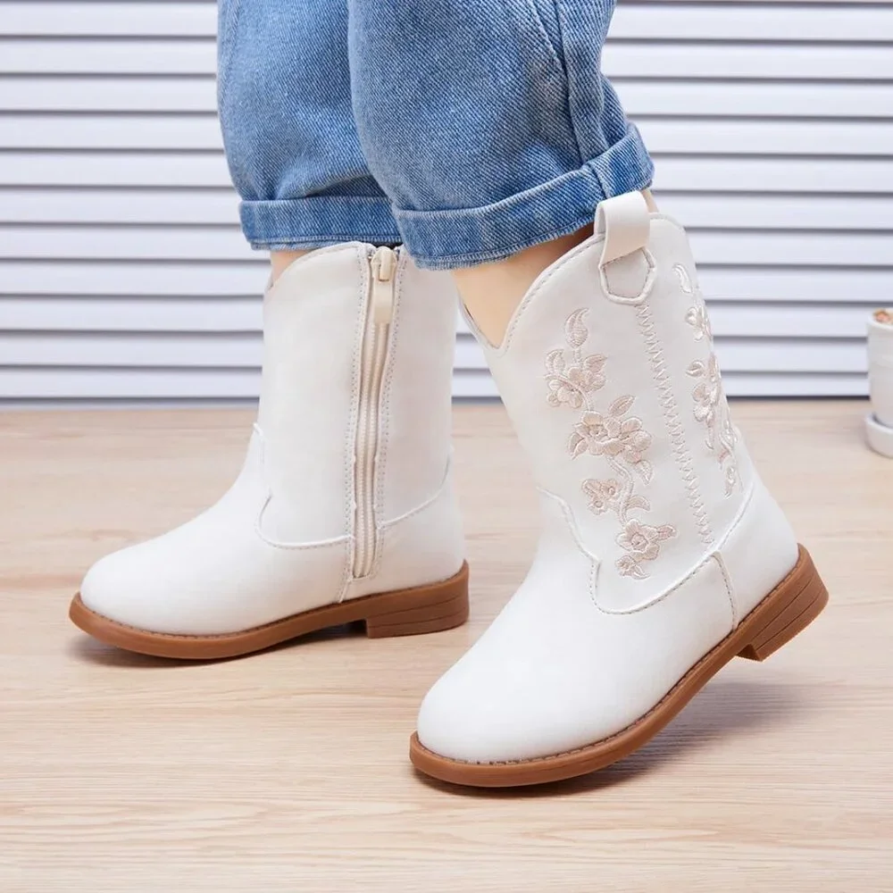 ⚡Girls 4-White Microfiber Little Kids Mid Calf Western Pointed Toe Riding Boots